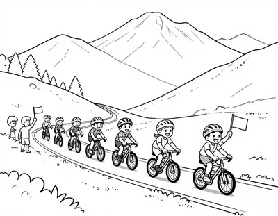 Coloriage de cyclistes souriants qui roulent en file sur une route de montagne dans les Alpes, avec des spectateurs et des drapeaux.