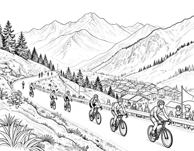Coloriage d'une route de montagne avec des cyclistes qui grimpent un col, des spectateurs et un village en contrebas.