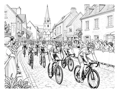 Coloriage d'un peloton de cyclistes qui sprinte sur une rue pavée d'un village français, avec la foule derrière les barrières et un clocher au fond.