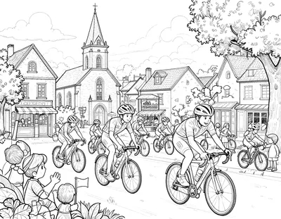 Coloriage de coureurs cyclistes passant devant une église et une boulangerie d'un village français, sous les applaudissements des habitants.