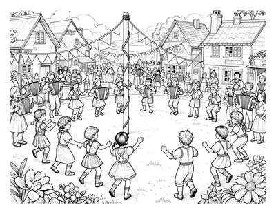 Coloriage d'enfants qui dansent autour d'un mât de mai avec des rubans sur la place du village, accompagnés d'accordéonistes.