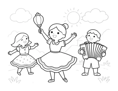 Coloriage d'une fille qui danse dans une robe à rubans, un accordéoniste à côté d'elle et des lampions au-dessus du village.