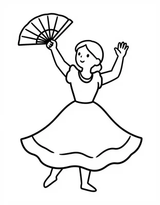 Coloriage d'une danseuse de flamenco qui tourne sur elle-même avec un éventail levé dans la main.