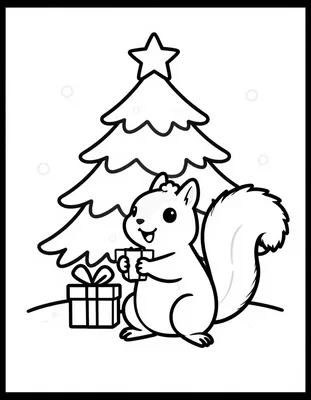 Coloriage d'un écureuil souriant qui tient un petit cadeau emballé sous un sapin de Noël décoré d'une étoile.