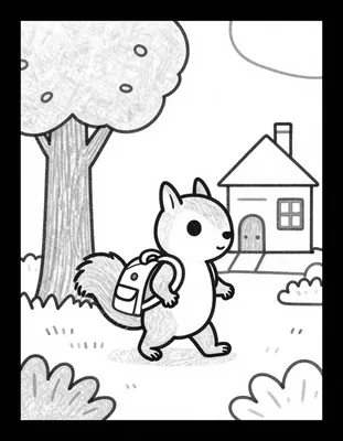 Coloriage d'un écureuil portant un cartable qui marche vers une école dans un arbre.