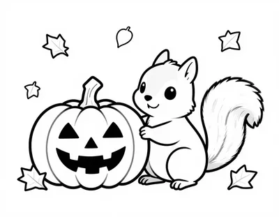 Coloriage d'un écureuil souriant assis à côté d'une citrouille d'Halloween, entouré de feuilles d'automne qui tombent.