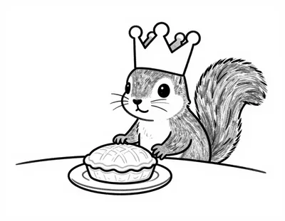 Coloriage d'un écureuil portant une couronne en papier devant une galette des rois posée sur une assiette.