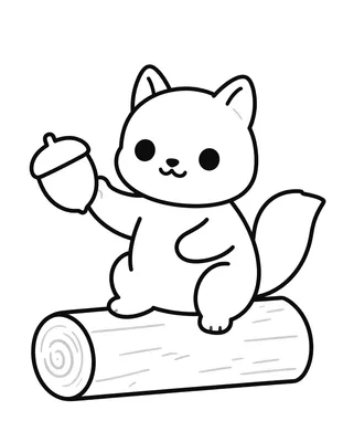 Coloriage d'un petit écureuil souriant assis sur une bûche et tenant un gros gland entre ses pattes.