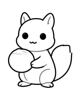 Coloriage d'un écureuil assis qui tient une grosse noisette ronde entre ses pattes avant.
