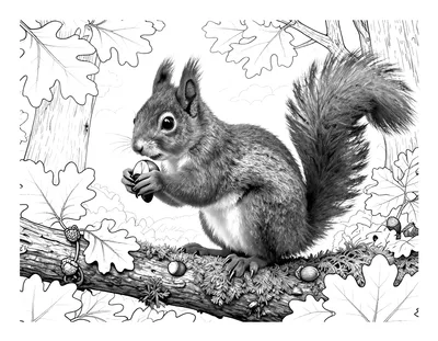 Coloriage d'un écureuil roux assis sur une branche moussue, une noisette entre les pattes, entouré de feuilles de chêne et de glands.