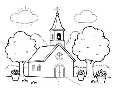Coloriage d'une église avec un clocher surmonté d'une croix, entourée d'arbres d'automne et de pots de fleurs.