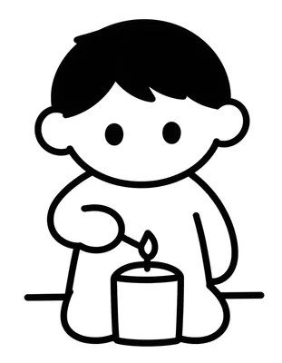 Coloriage d'un enfant tenant une allumette pour allumer une bougie posée devant lui, sous le regard d'un adulte.