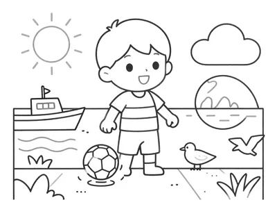 Coloriage d'un enfant souriant qui tape dans un ballon de football sur un quai, avec un bateau de pêche, des mouettes et un soleil derrière lui.