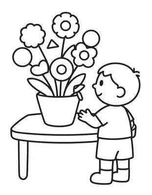 Coloriage d'un enfant dessinant un bouquet de fleurs dans un pot posé sur une table, près d'une fenêtre.