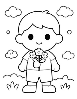 Coloriage d'un enfant souriant tenant un petit bouquet de fleurs d'automne, debout dans un pré avec des nuages et des touffes d'herbe.