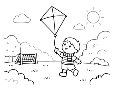 Coloriage d'un enfant en maillot rayé et écharpe qui fait voler un cerf-volant en forme de ballon de football dans un parc venteux, avec un but et des arbres en arrière-plan.