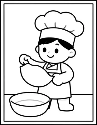 Coloriage d'un enfant souriant en toque de chef qui fait sauter une crêpe dans une petite poêle au-dessus d'un saladier.