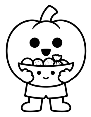 Coloriage d'un enfant déguisé en citrouille qui tient un panier rempli de bonbons dans un jardin.