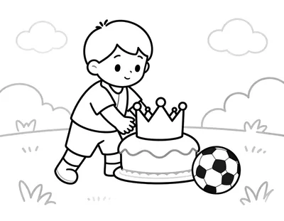 Coloriage d'un enfant en maillot rayé qui pose une couronne dorée sur une galette des rois, un ballon de football à côté de la table.