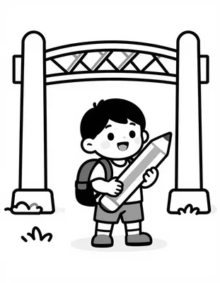 Coloriage d'un enfant souriant avec un cartable et un grand crayon devant le portail de son école.