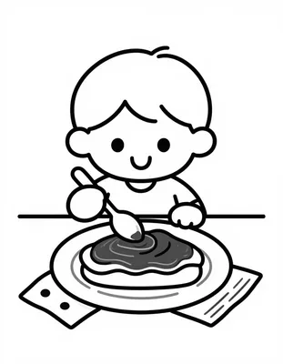 Coloriage d'un enfant souriant qui étale du chocolat sur une crêpe avec une petite cuillère.