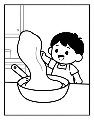 Coloriage d'un enfant joyeux dans une cuisine qui fait sauter une crêpe dans une poêle.