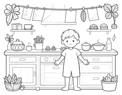 Coloriage d'un enfant debout dans une cuisine, entouré d'ustensiles, de légumes et de décorations en papier suspendues à une corde.
