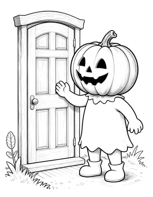 Coloriage d'un enfant déguisé en citrouille qui frappe à une porte décorée pour Halloween.
