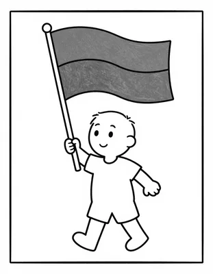 Coloriage d'un enfant souriant qui marche dans une petite parade en tenant un grand drapeau tricolore en papier.