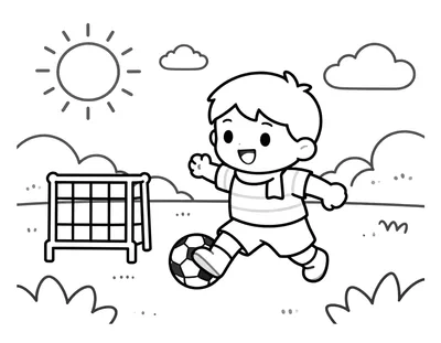 Coloriage d'un enfant souriant en maillot rayé qui dribble un ballon devant un but, avec un soleil et des nuages en arrière-plan.