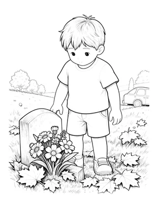 Coloriage d'un enfant déposant un petit bouquet de fleurs sur une tombe entourée de feuilles d'automne.