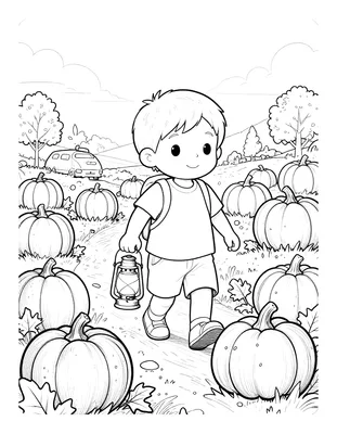 Coloriage d'un enfant tenant une lanterne sur un chemin bordé de citrouilles et de feuilles d'automne.