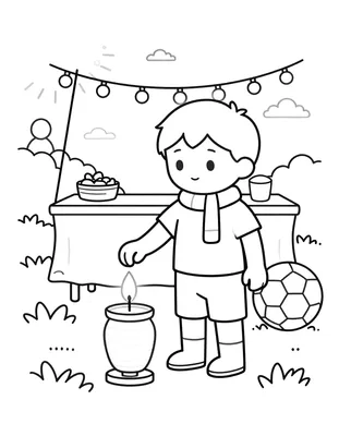 Coloriage d'un enfant en maillot rayé et écharpe qui allume la bougie d'une lanterne en papier lors d'une fête de jardin, avec un ballon de football et une table garnie.
