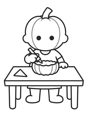 Coloriage d'un enfant assis à une table, un pinceau à la main, en train de peindre une citrouille posée devant lui.