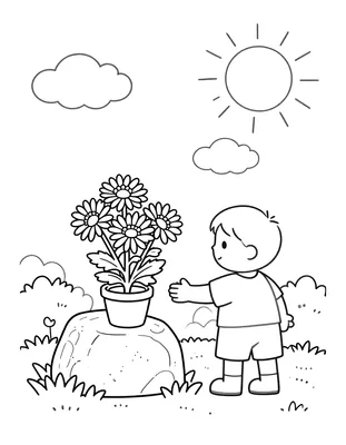 Coloriage montrant un enfant qui pose un pot de chrysanthèmes près d'une pierre tombale dans un jardin calme, sous un soleil et des nuages.