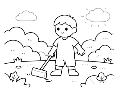 Coloriage d'un enfant qui ratisse les feuilles mortes dans un jardin paisible, entouré de buissons et de nuages.