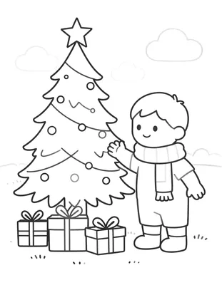 Coloriage d'un enfant en écharpe qui dépose des cadeaux au pied d'un sapin de Noël décoré d'une étoile et de boules.
