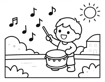 Coloriage d'un enfant souriant qui joue du tambour sur une place de village ensoleillée, avec des notes de musique qui s'envolent.