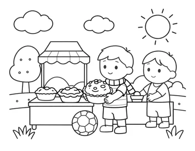 Coloriage d'un enfant en maillot rayé tenant une tarte maison devant un stand de kermesse, avec un ballon de football à ses pieds.