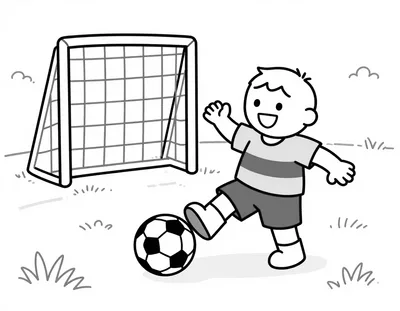 Coloriage d'un enfant souriant qui frappe un ballon de football vers une cage, sur un petit terrain de quartier.
