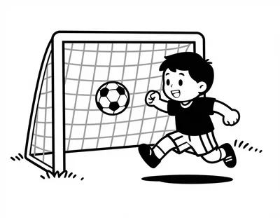 Coloriage d'un enfant en tenue de football qui tire dans le ballon vers une cage avec filet.