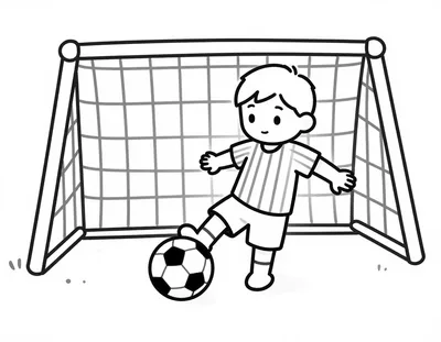 Coloriage d'un enfant en maillot rayé qui frappe un ballon de football vers une cage sur un terrain ensoleillé.