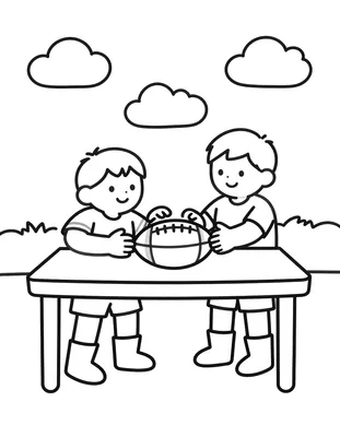 Coloriage de deux enfants souriants posant les mains sur un ballon de rugby ovale, installés derrière une table avec des bottes à leurs pieds.