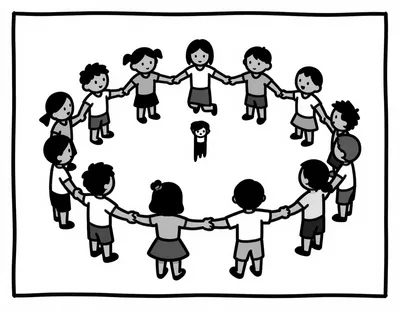 Coloriage d'un groupe d'enfants qui se tiennent par la main en cercle pendant un cours de danse, avec un enfant qui saute au milieu.