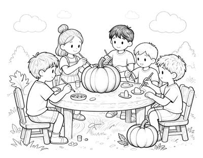 Coloriage montrant un groupe d'enfants assis autour d'une table en plein air, occupés à peindre et décorer une grande citrouille.