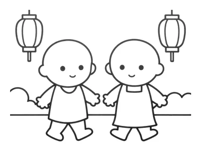 Coloriage de deux enfants en costumes tenant des paniers de bonbons sur un chemin bordé de lanternes en papier.