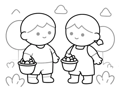 Coloriage de deux enfants en costumes simples tenant chacun un panier rempli de bonbons dans un jardin au crépuscule.