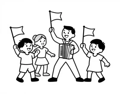Coloriage d'enfants qui agitent des drapeaux autour d'un musicien jouant de l'accordéon dans la rue