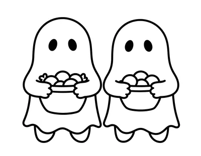 Coloriage de deux enfants déguisés en fantômes souriants qui tiennent chacun un panier rempli de bonbons.