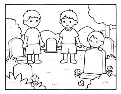 Coloriage montrant deux enfants debout dans un cimetière paisible, entourés de tombes, de buissons et de petites fleurs.